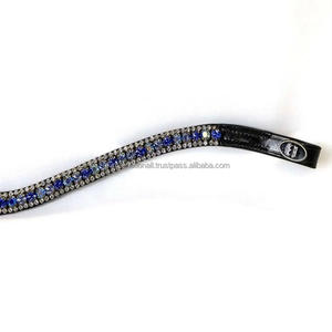 Hermosa banda de cejas de caballo de charol negro hecha a mano decorada con tres filas de cristales azules redondos banda de cejas de cadena de metal - Product Image 5