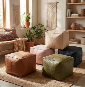 Puf Otomano Cúbico de Cuero Impermeable Hecho a Mano, Cojín de Suelo Marroquí Multicolor, Reposapiés Moderno Extra Suave para Sala de Estar - Product Image 3