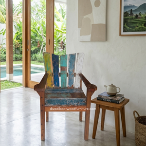 Chaise rustique artisanale avec accoudoirs en bois de bateau récupéré, couleur naturelle, écologique, pour intérieur/extérieur, hôtel, maison, villa - Product Image 3