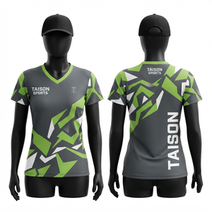 เสื้อดิสก์กอล์ฟผู้หญิง ผ้าโพลีเอสเตอร์อินเตอร์ล็อคเมช พรีเมียม 160 GSM สีเทา เขียว ขาว ดีไซน์แผงสี พร้อมโลโก้แบบซับลิเมชั่นตามสั่ง - Product Image 1
