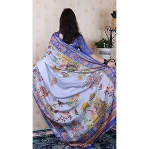 Sari traditionnel chinois en soie Tussar bleue, tissé avec des fils Zari, Pattachitra - Product Image 4