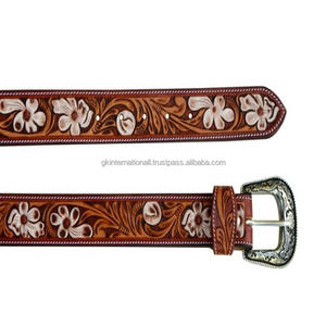 Cinturón de cuero occidental con relieve floral tallado a mano de diseño personalizado para hombres y mujeres, Fabricante Mayorista de India - Product Image 3