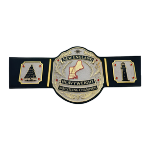Cintura da Campione di Wrestling New England Heavyweight, Qualità Premium, Cinghia Nera con Placche Oro e Rosso con Motivi Albero e Faro - Product Image 1