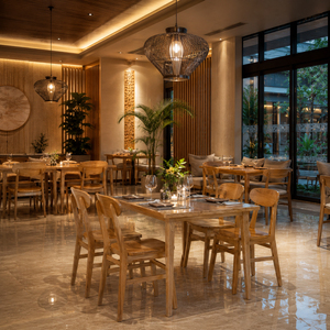 Scandinavian <b>Restaurant</b> Premium Solid Teak Wholesale Soren Teak Dining <b>Set</b> Ropan Chair Dining Furniture for Cafe and Bistro Use - Product Image 4