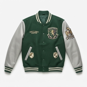 Blouson universitaire style bomber en techniques mixtes, corps en laine originale, manches en similicuir, style personnalisé, col et poignets en tricot côtelé, boutons-pression, décontracté - Product Image 1