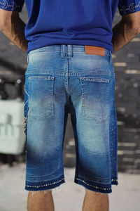 Shorts Bermuda en jean pour homme, taille mi-haute, délavé, avec rivets décoratifs, style urbain, fermeture boutonnée, 100% coton tissé - Product Image 4