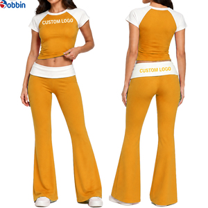 Customized Trade <b>Summer</b> Women's 2 Piece Set Black Short Sleeve Top With Custom Logo Flared <b>Pants</b> Casual All Seasons Knitted - Product Image 6