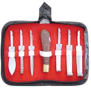 Ensemble d'instruments chirurgicaux vétérinaires réutilisables, outils de chirurgie animale avec manche en bois et lames métalliques dans un étui rouge - Product Image 1