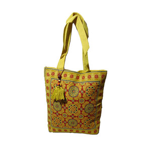 Yellow Block Print <b>Canvas</b> Tote Bag <b>Large</b> Capacity Durable Zip Compartment Mobile Pocket <b>Plain</b> Back Reusable Cotton Handle Custom - Product Image 1