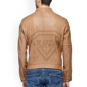 Premium Custom Tan Geuine Leather <b>Biker</b> <b>Jacket</b> For Men Slim Fit Soft Sheepskin Real Leather Coat Wholesale Manufacturer Quality - Product Image 6