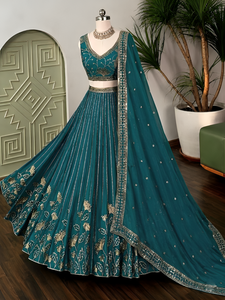 Teal Embroidered Lehenga Choli Set Heavy Georgette Pleated <b>Dress</b> With Dupatta <b>for</b> <b>Wedding</b> Party <b>Women</b> - Product Image 2