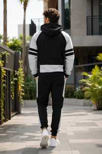 ONETEN APPARELS Ensemble de survêtement à capuche noir et gris grande taille pour homme, pantalon de jogging décontracté à cordon de serrage, tenue d'automne - Product Image 4