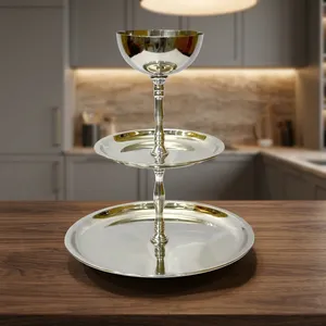 Support de service de luxe en argent à 3 niveaux, support à gâteau en métal, plateau à desserts, cupcakes, pâtisseries, fruits, en-cas pour la maison, les fêtes, les mariages - Product Image 6