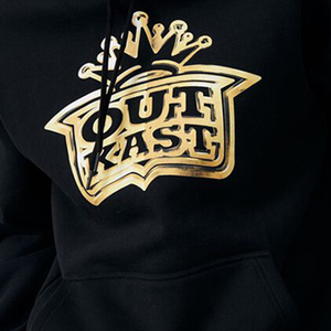 Sudadera con capucha negra de algodón grueso con efecto lavado ácido y estampado gráfico frontal en lámina dorada, estilo streetwear personalizado, hombros caídos, de secado rápido. - Product Image 3