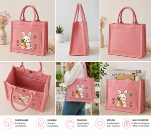 Pink Cartoon Bunny Jute Tote <b>Bag</b> With Carrot Pattern Zipper Closure Handheld Shopping <b>Bag</b> <b>Medium</b> Size - Product Image 3