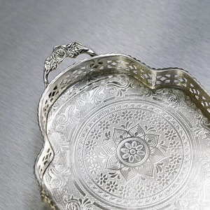 Silver Brass Etched Tray Silver Decorative Tray with Handles Oval Coffee tray Hand Hammered Metal Platter for Living - Product Image 5