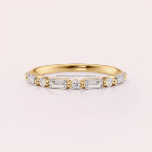 Minimalist Baguette and Round Moissanite Diamond Wedding Band in 14K Yellow Gold Stackable Anniversary <b>Ring</b> for Women - Product Image 2