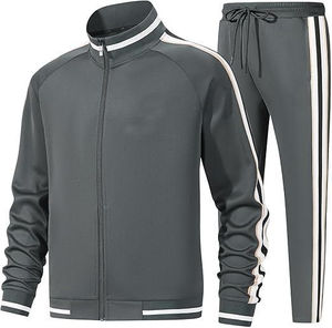Ensemble de survêtement gris uni pour homme, manches longues, col montant, fermeture éclair, pantalon de jogging sportif avec poches latérales, polyester respirant, vêtements d'automne - Product Image 2