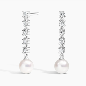 Pendientes Clásicos de Perlas Blancas con Diamantes Redondos de Corte Brillante para Joyería de Boda para Mujer, Certificados por IGI - Product Image 5