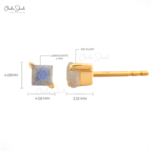 Pendientes de botón minimalistas cristianos geométricos de plata de ley 925 de alto brillo con labradorita de corte cuadrado de 3 mm y cierre a presión microchapado - Product Image 3