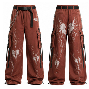 Embroidery Dark Blue Silk Screen Printing Loose Fit Men's Gothic Cargo Pants Mid Waist Plus Size Wide Leg Metal Ring Spring - Product Image 5