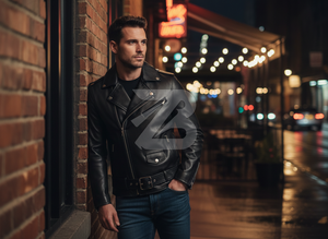 Chaqueta de Motociclista de Cuero Genuino para Hombre, al por Mayor, OEM, Negra, con Cierre Asimétrico y Cinturón, Estilo Biker - Product Image 6