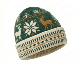 Bonnet en tricot jacquard vert avec motif cerf et flocon de neige 56-58CM, casquette d'hiver unisexe pour adultes, style décontracté, 100% acrylique - Product Image 3