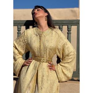 Two-piece <b>Kaftan</b> Golden Silk Brocade Finished Silk <b>Gold</b> Buttons Designed With Refined Completed Matching Belt Define The Waist - Product Image 5