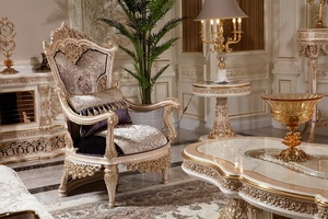 Ensemble de canapés Chesterfield en teck massif de luxe royal, style moderne du milieu du siècle, 8 places, table basse en velours sculpté doré, console - Product Image 4