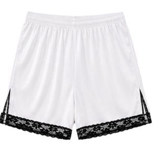 Ensemble de pyjama en satin blanc personnalisé pour femme, haut à manches courtes et short avec bordure en dentelle noire, vêtements de nuit doux, fabrication OEM ODM sur mesure - Product Image 5