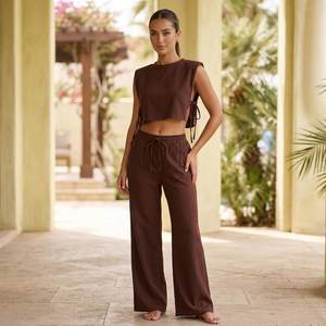 100% <b>Linen</b> Solid Washed Sweet Pleated Vintage Summer Daily Wear Beading Co-ord <b>Set</b> Women Regular Fit Short Shirt Full Length - Product Image 2