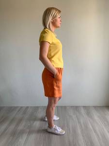 Shorts en lin orange pour femme, taille mi-haute élastique, décontracté, respirant, coupe régulière avec poches, couleur unie, tissu tissé - Product Image 4