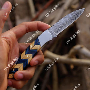 Cuchillo de bolsillo plegable EDC de acero de Damasco hecho a mano, nuevo diseño 2026, de venta caliente, con punta caída y mango de madera de Pakka oliva, OEM industrial - Product Image 4