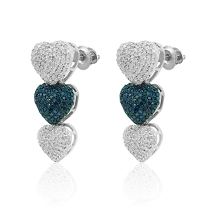 Pendientes de Plata de Ley 925 con Tres Corazones y Diamantes Naturales Blancos y Azules Mejorados de Corte Redondo de 2.08 Cttw para Mujer, G-H - Product Image 3
