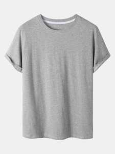 Men's Gray Crew Neck T-Shirt <b>Set</b> With Black Shorts Casual Summer Breathable Cotton <b>Knitted</b> Solid Color Outfit - Product Image 3