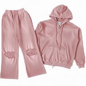 <b>Pink</b> Hooded <b>Tracksuit</b> Set 100% Cotton Lightweight Casual Loose Fit Full Length With Ripped Details For Women Autumn Wear - Product Image 1