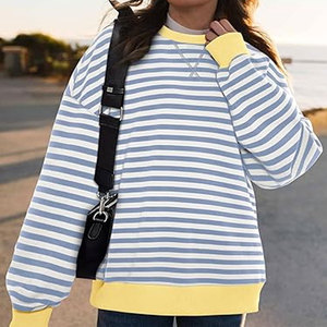 Sudadera Oversize a Rayas para Mujer, Cuello Redondo, Manga Larga, Estilo Casual Holgado, Top de Ropa Urbana Cómoda para Otoño - Product Image 5