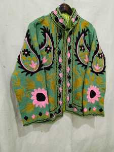 Veste en laine brodée à la main à col montant, manches longues, motif floral Paisley, vert rose noir, manteau tricoté d'hiver pour femme - Product Image 2