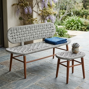 New Modern Minimalist Morgan Wooden <b>Bench</b> Outdoor Rope Lace Weaving Backrest Long Dining <b>Bench</b> Chair Living Room Patio Garden - Product Image 3