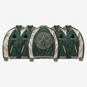Factory Direct Gold <b>Grey</b> Satin Varsity Jacket Zip Up Custom Embroidered Barn Threshers Guild Baseball <b>Coat</b> - Product Image 2
