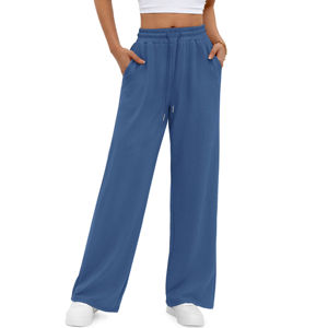 กางเกงขายาวเอวสูงทรงขากว้างผู้หญิงสีน้ำเงินผ้าฝ้ายถักลำลองทรงหลวมเอวยางยืดแบบเต็มตัวสไตล์ฤดูใบไม้ร่วงหรูหรา - Product Image 5