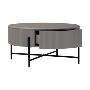 Modern Fluted Round Coffee Table <b>Grey</b> Marble Melamine Top Light <b>Grey</b> Wooden Body Matt Black Metal Leg <b>Frame</b> for Living Room - Product Image 2