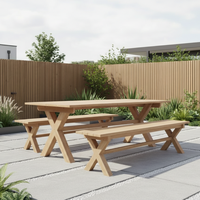 Table de jardin rectangulaire en teck massif de haute qualité, pieds croisés, durable, robuste, design moderne, non pliable, patine grise.