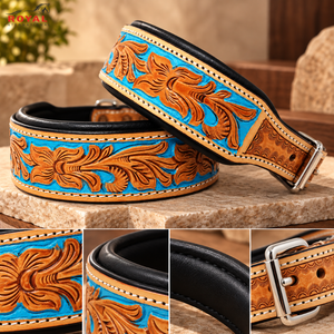 Collar de Perro de Cuero Repujado Estilo Western Artesanal con Diseño Floral Turquesa |   Collar Ajustable Acolchado para Mascotas con Hebilla Metálica para Perros - Product Image 2