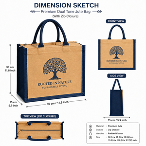 Custom Printed Premium Dual Tone Jute Bag with <b>Zip</b> Closure Eco Friendly Reusable Shopping <b>Tote</b> Bag 30x30x15cm - Product Image 2