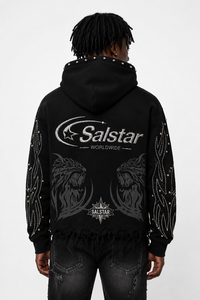 Sweat-shirt à capuche noir personnalisé avec strass effet vieilli pour homme, streetwear, logo personnalisé, impression graphique et manches ornées - Product Image 4