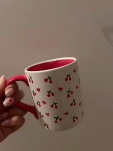 Hand-Made Ceramic <b>Mug</b> Green Checkered Cherry Pattern Cute Design Heat-Resistant Dishwasher Safe Home Use - Product Image 1
