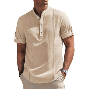 เสื้อเชิ้ตเฮนลีย์ผ้าลินินผสมสำหรับฤดูร้อนสำหรับผู้ชาย พร้อมดีเทลตะเข็บแนวตั้งแบบ Ladder-Stitch และแขนเสื้อแบบพับขึ้นได้ - Product Image 3
