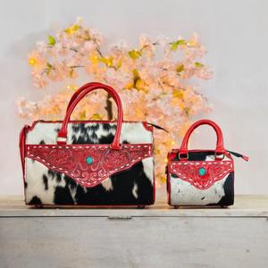 Bolso de Mano de Cuero Genuino de Vaca de Lujo con Bordado Rojo y Cierre de Cremallera con Piedra Turquesa - Product Image 4