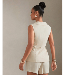 ชุดเซ็ตเสื้อเบลเซอร์แขนกุดแบบผูกเชือกตัดเย็บพิเศษสำหรับผู้หญิง พร้อมกางเกงขาสั้น - Product Image 3